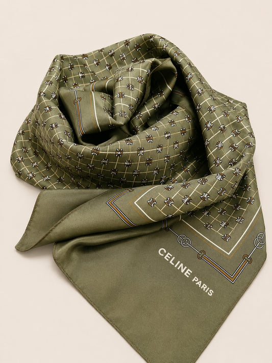 Celine Silk Crepe Scarf in Olive Green and Brown with Authentic Vintage Equestrian Pattern