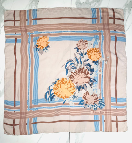 Carré Christian Dior en soie beige motif floral vintage authentique