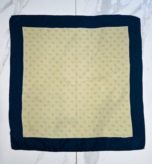 Christian Dior Silk Crepe Scarf in Navy Blue and Beige with Authentic Vintage Logo Pattern