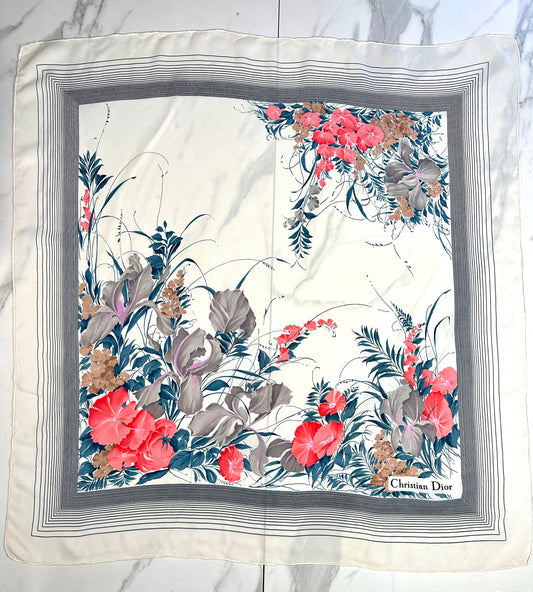 Authentic vintage Christian Dior ivory and red floral print silk crepe square scarf