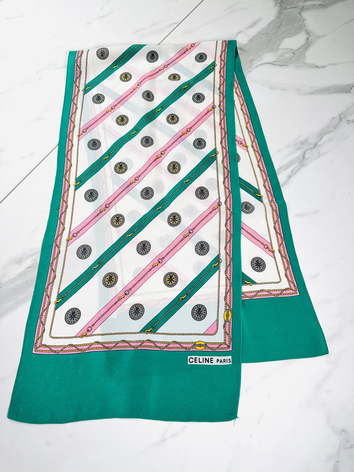 Authentic Vintage Céline Silk Scarf in Green and Cream Chain Pattern, detail 2