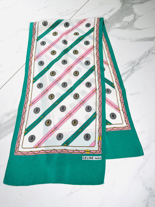 Authentic Vintage Céline Silk Scarf in Green and Cream Chain Pattern, detail 2