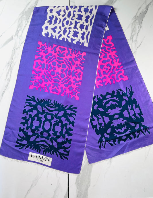 Authentic Vintage Lanvin Silk Scarf with Abstract Purple and Pink Pattern