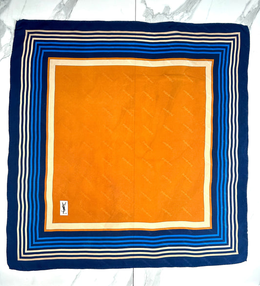 Yves Saint Laurent silk carré in navy blue and camel with authentic vintage geometric pattern