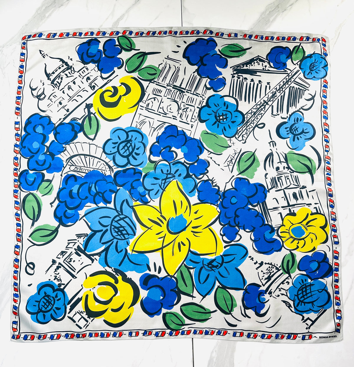 Large silk scarf Sonia Rykiel white and blue vintage floral pattern authentic
