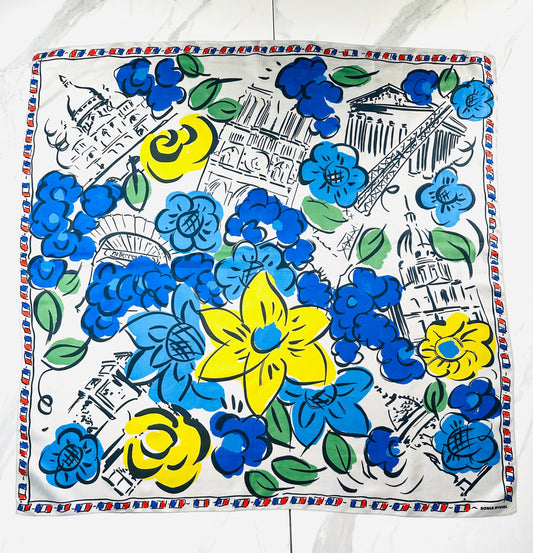 Large silk scarf Sonia Rykiel white and blue vintage floral pattern authentic