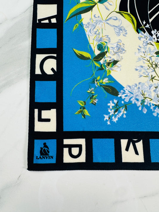 Authentic Vintage Floral Pattern Blue and Black Silk Scarf by Lanvin