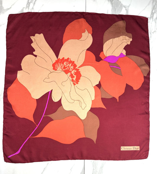 Carré Christian Dior en soie bordeaux et beige motif floral vintage authentique