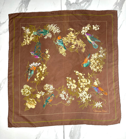 Christian Dior Brown and Neon Orange Silk Square with Vintage Floral Pattern