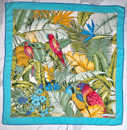 Carré Christian Dior en soie satinée turquoise motif tropical vintage authentique
