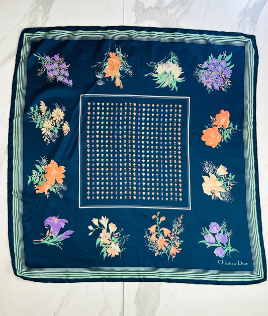 Authentic Vintage Christian Dior Blue and Green Satin Silk Scarf with Floral Pattern