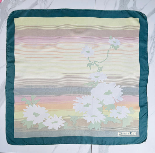 Christian Dior Silk Satin Square in Green and Cream with Vintage Floral Pattern