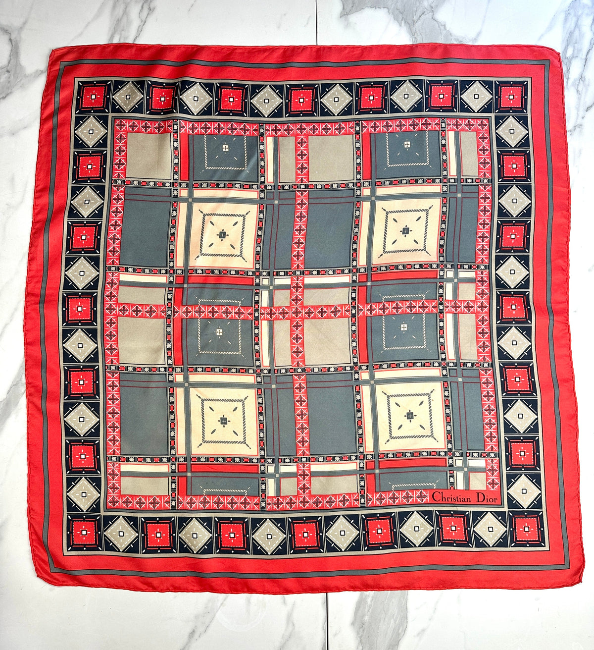 Authentic vintage red and beige geometric silk scarf Christian Dior