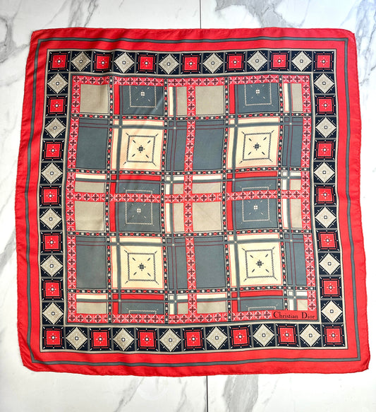 Authentic vintage red and beige geometric silk scarf Christian Dior