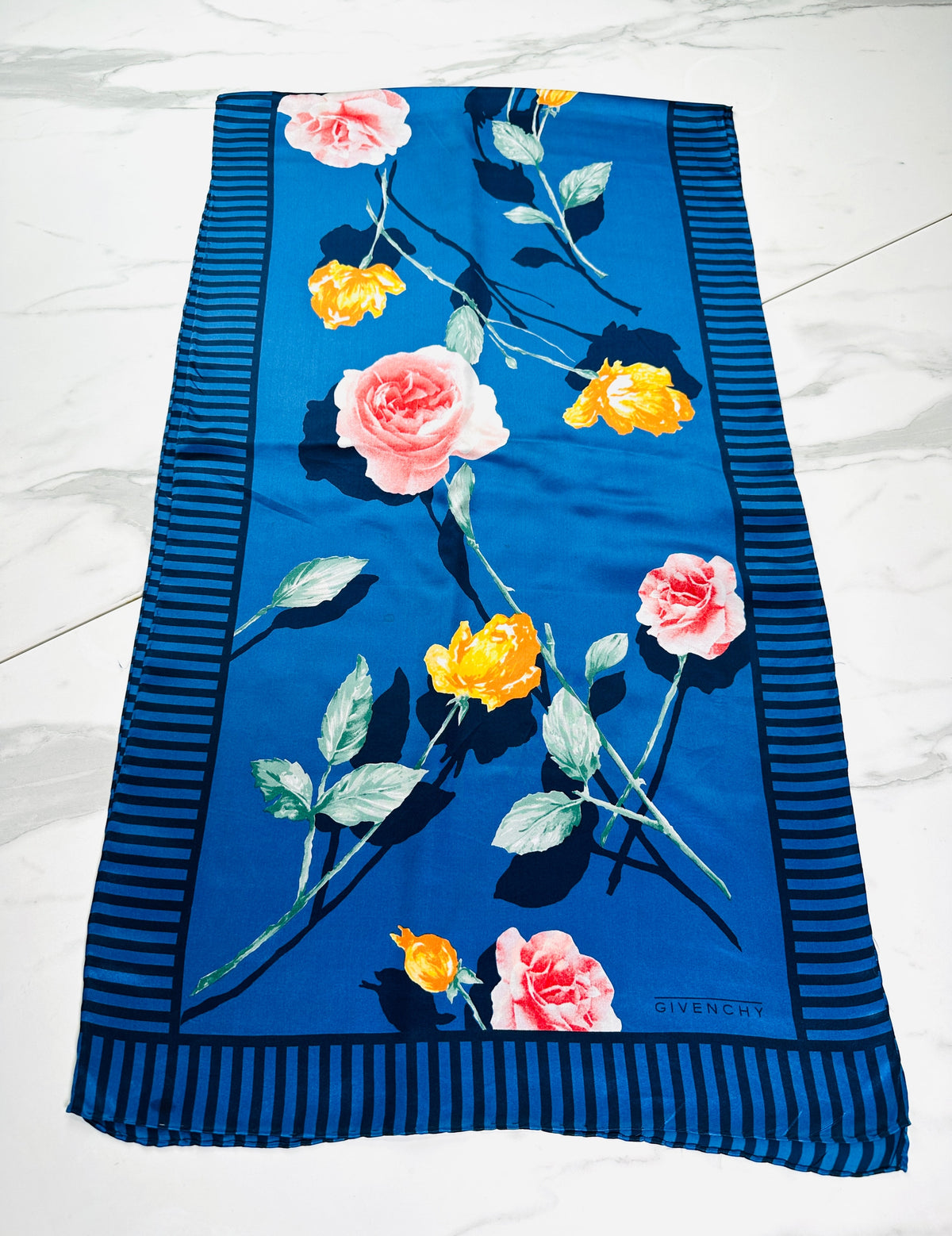 Givenchy Silk Scarf in Blue and Pink Floral Vintage Authentic