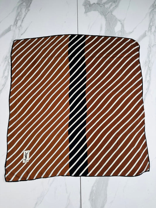 Authentic vintage silk scarf Yves Saint Laurent brown and cream with striped pattern