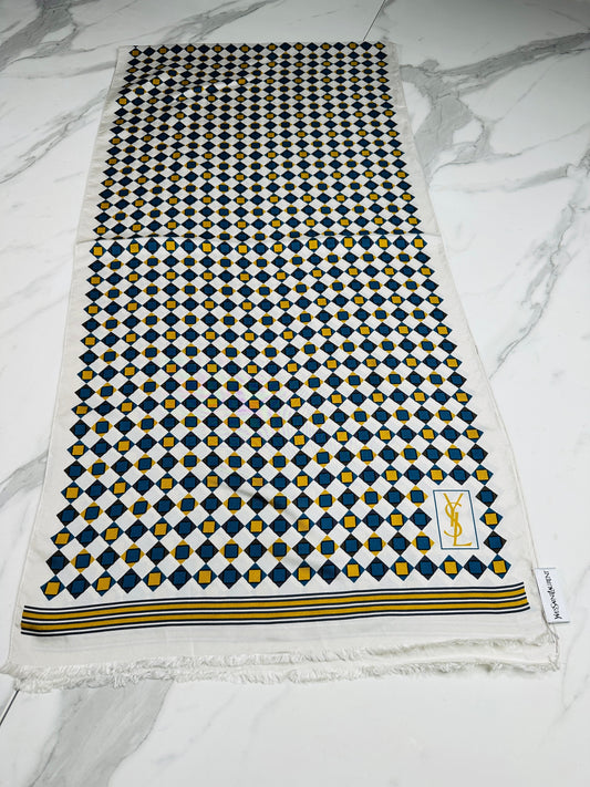 Yves Saint Laurent Ivory and Blue Silk Scarf with Vintage Geometric Pattern