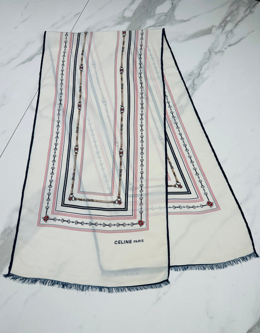 Céline Authentic Vintage Scarf in Ivory and Navy Silk Crepe with Chain Pattern