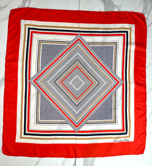 Carré Christian Dior en soie rouge et ivoire motif géométrique vintage authentique
