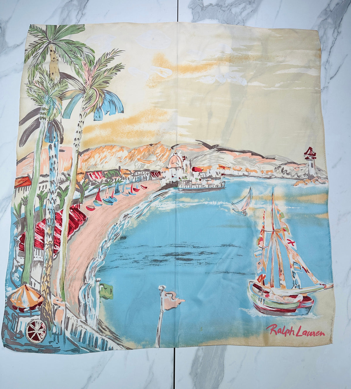 Foulard en soie vintage authentique motif côtier azur et beige par Ralph Lauren