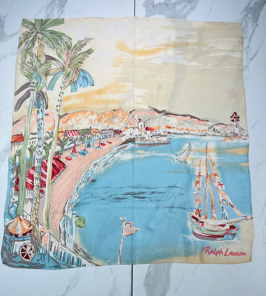 Authentic vintage silk scarf in azure and beige coastal pattern by Ralph Lauren