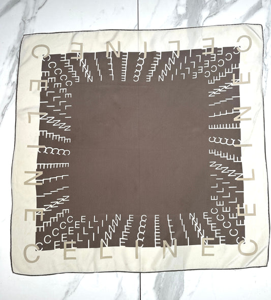 Authentic vintage Céline silk scarf in brown and cream with typographic pattern