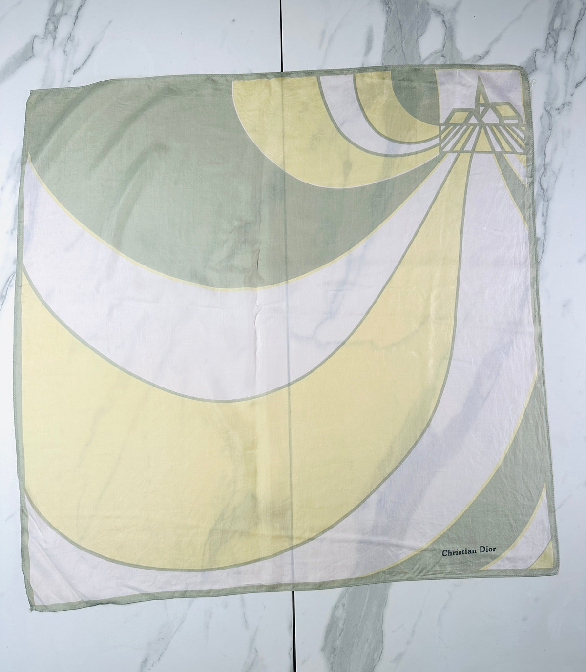 Authentic vintage silk scarf Christian Dior in yellow and green with graphic pattern