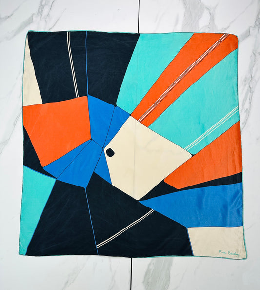 Authentic Vintage Pierre Cardin Silk Scarf with Blue and Cream Geometric Pattern