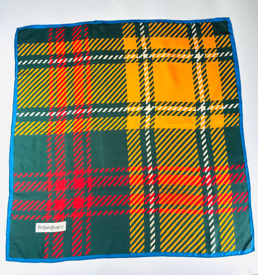 Silk Scarf Yves Saint Laurent in Green and Orange Authentic Vintage Tartan Pattern
