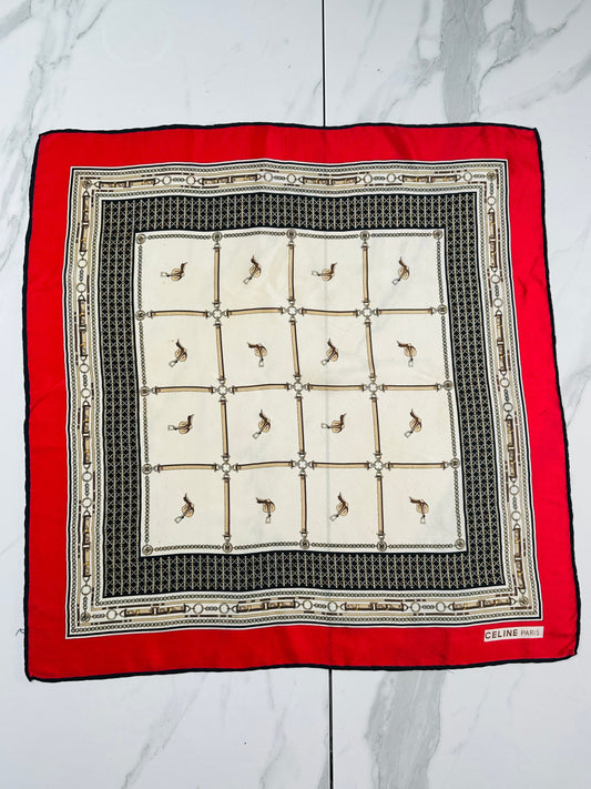Céline Vintage Authentic Silk Scarf in Red and Cream with Equestrian Pattern