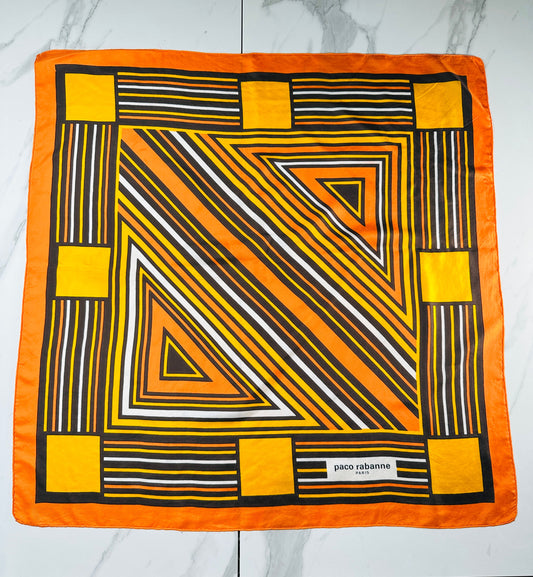 Authentic vintage orange and yellow geometric pattern silk scarf by Paco Rabanne