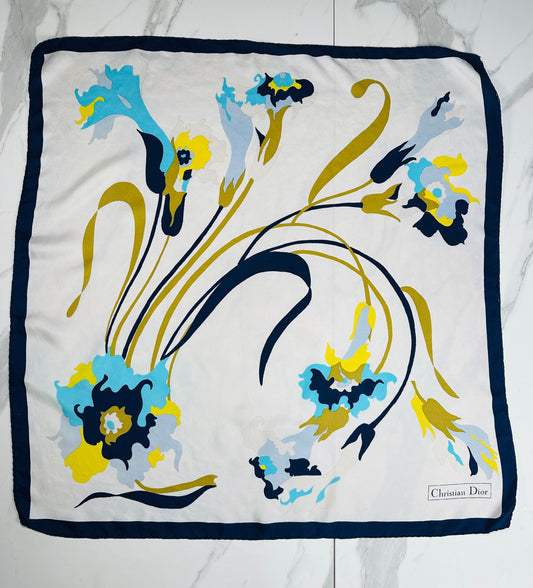 Carré Christian Dior en soie crème et marine motif floral vintage authentique