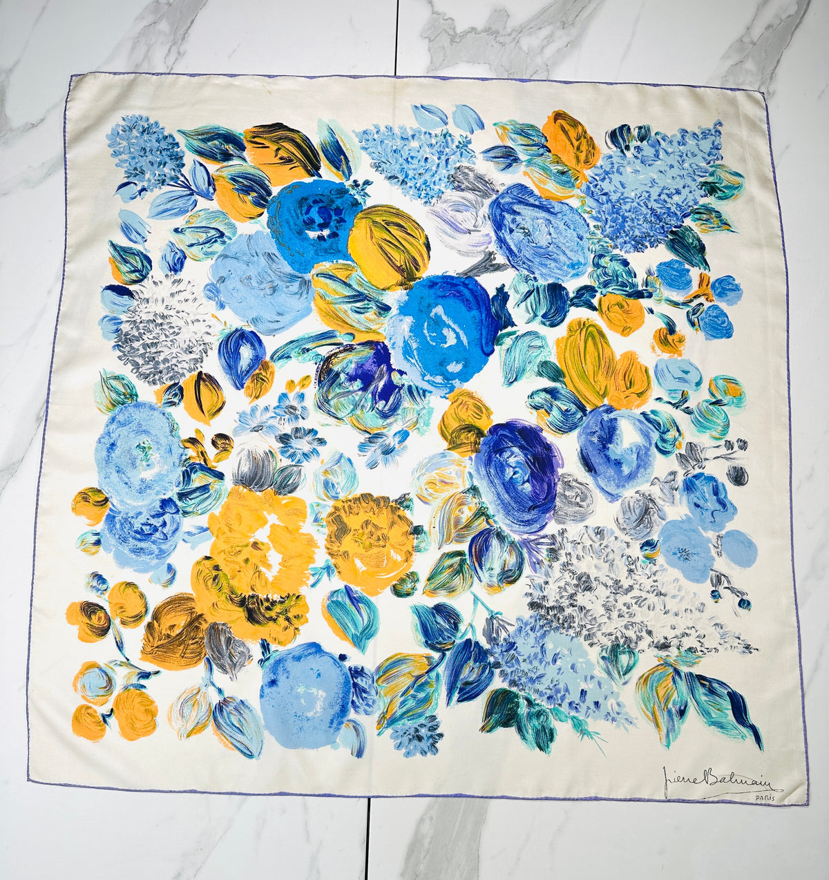 Authentic Vintage Silk Scarf Pierre Balmain Cream and Blue with Floral Pattern