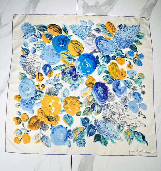 Authentic Vintage Silk Scarf Pierre Balmain Cream and Blue with Floral Pattern