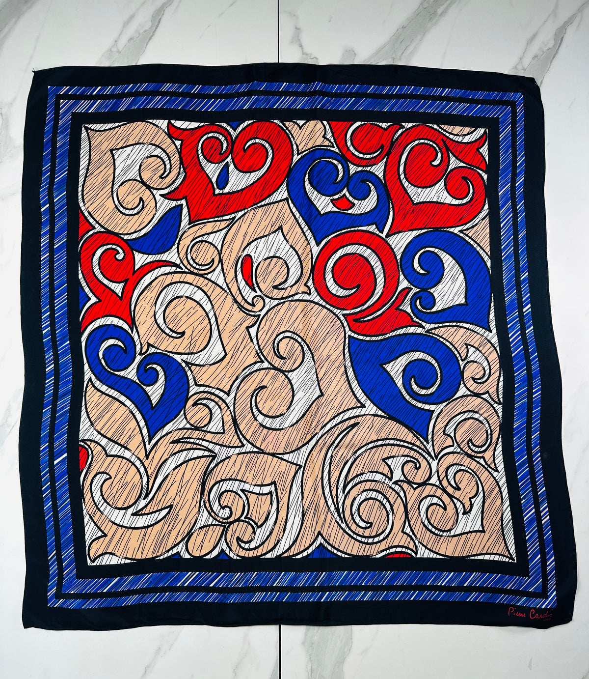 Large square Pierre Cardin in blue and red with authentic vintage abstract pattern