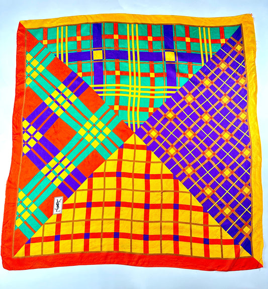 Large Silk Scarf Yves Saint Laurent in Yellow and Red Vintage Geometric Pattern