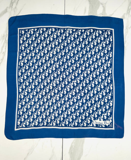 Authentic Vintage Christian Dior Silk Scarf with Navy Blue and White Monogram Pattern
