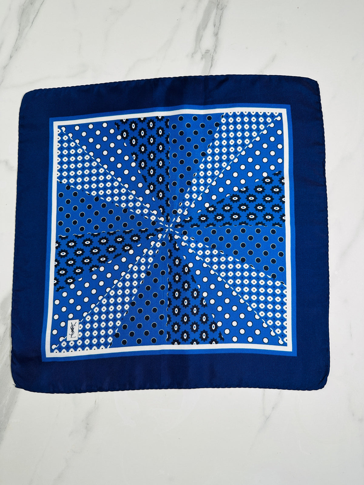 Authentic Vintage YSL Silk Scarf in Dark Blue and White Geometric Pattern