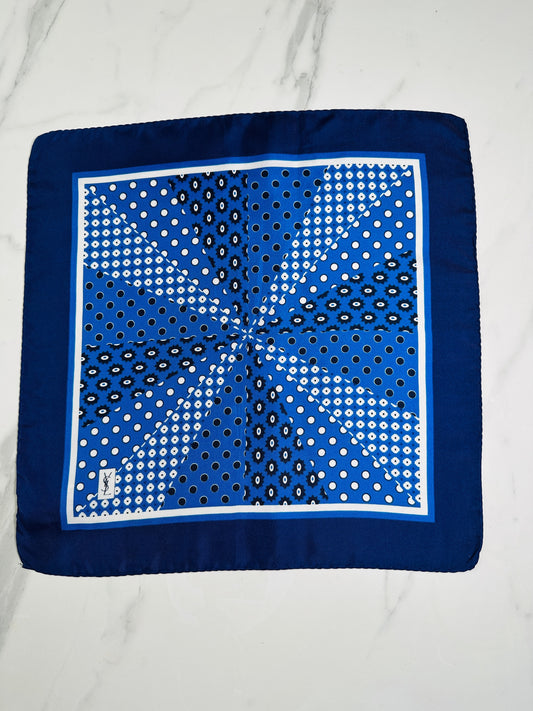 Authentic Vintage YSL Silk Scarf in Dark Blue and White Geometric Pattern