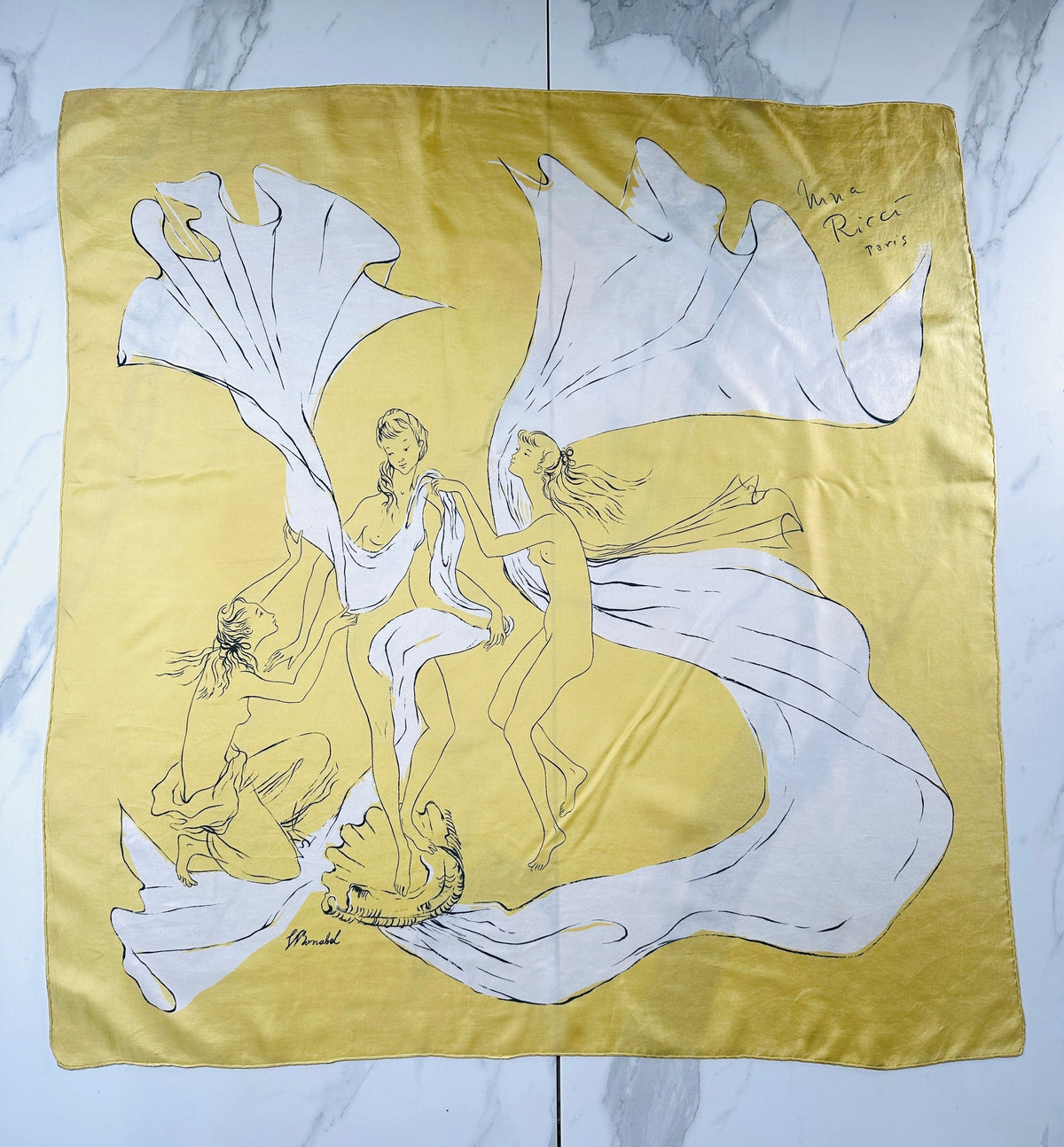 Foulard en soie Nina Ricci à motif artistique doré et ivoire vintage authentique