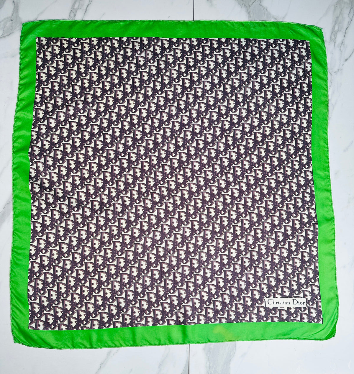 Christian Dior Silk Satin Square in Green and Black Vintage Geometric Pattern
