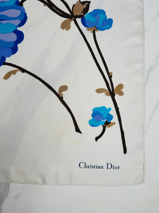 Authentic vintage silk scarf Christian Dior ivory and blue with floral pattern