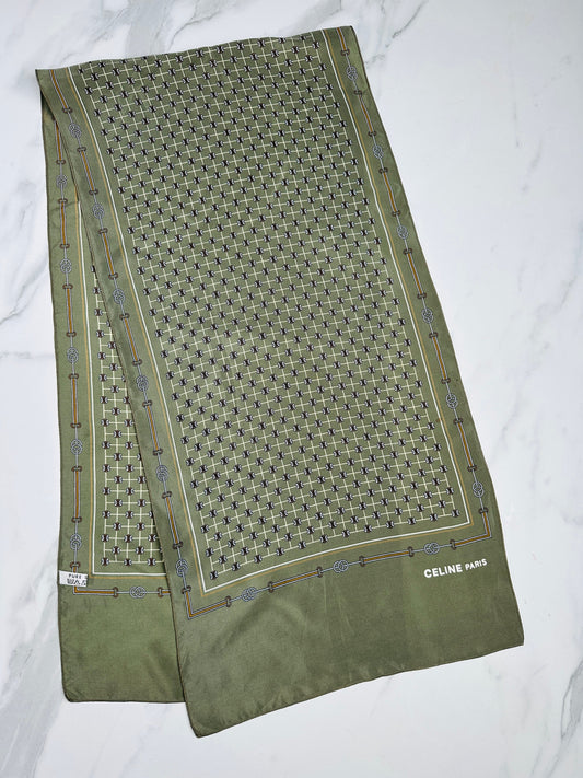 Celine Silk Crepe Scarf in Olive Green and Brown with Authentic Vintage Equestrian Pattern
