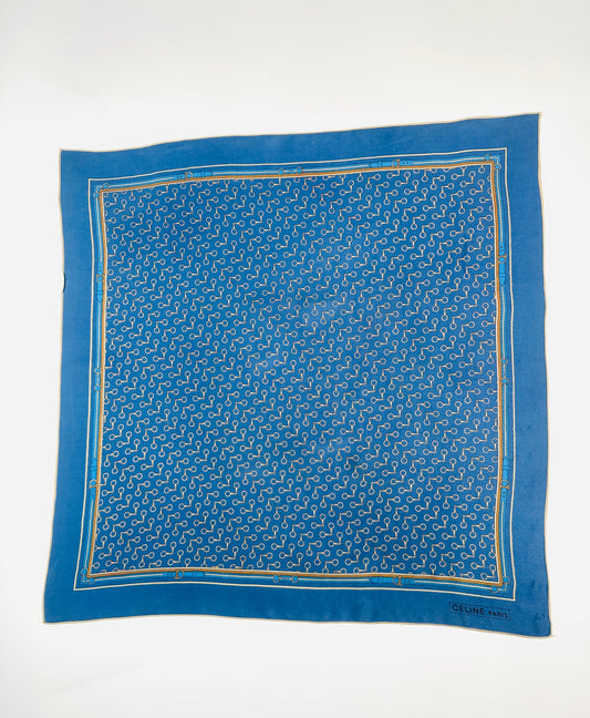 Silk Scarf Céline in Blue and Gold Vintage Equestrian Pattern