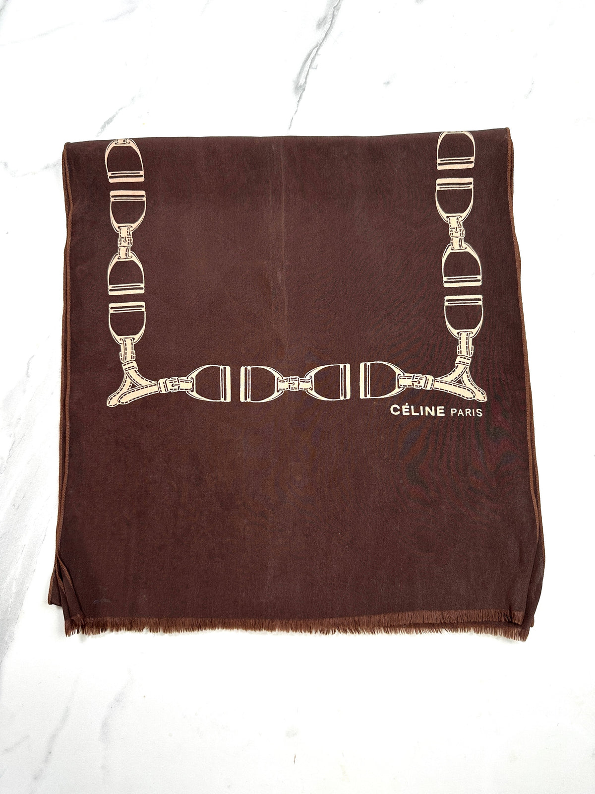 Céline Vintage Authentic Silk Scarf Equestrian Pattern Brown and Beige