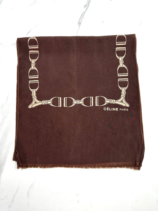 Céline Vintage Authentic Silk Scarf Equestrian Pattern Brown and Beige