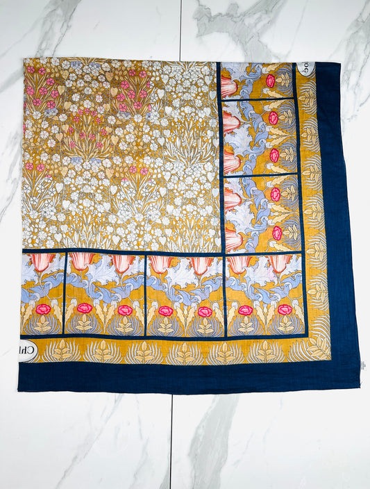 Chloé Vintage Authentic Navy Blue and Ochre Floral Pattern Pareo
