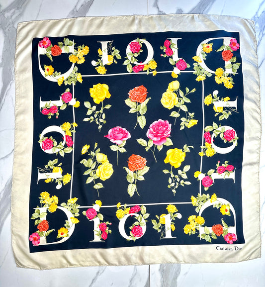 Authentic vintage black silk scarf with rose pattern Christian Dior