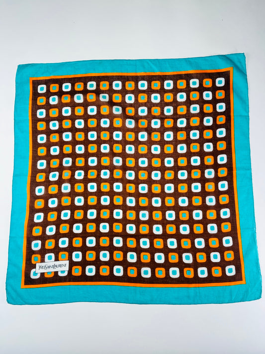Silk Scarf Yves Saint Laurent in Brown and Turquoise with Vintage Geometric Pattern