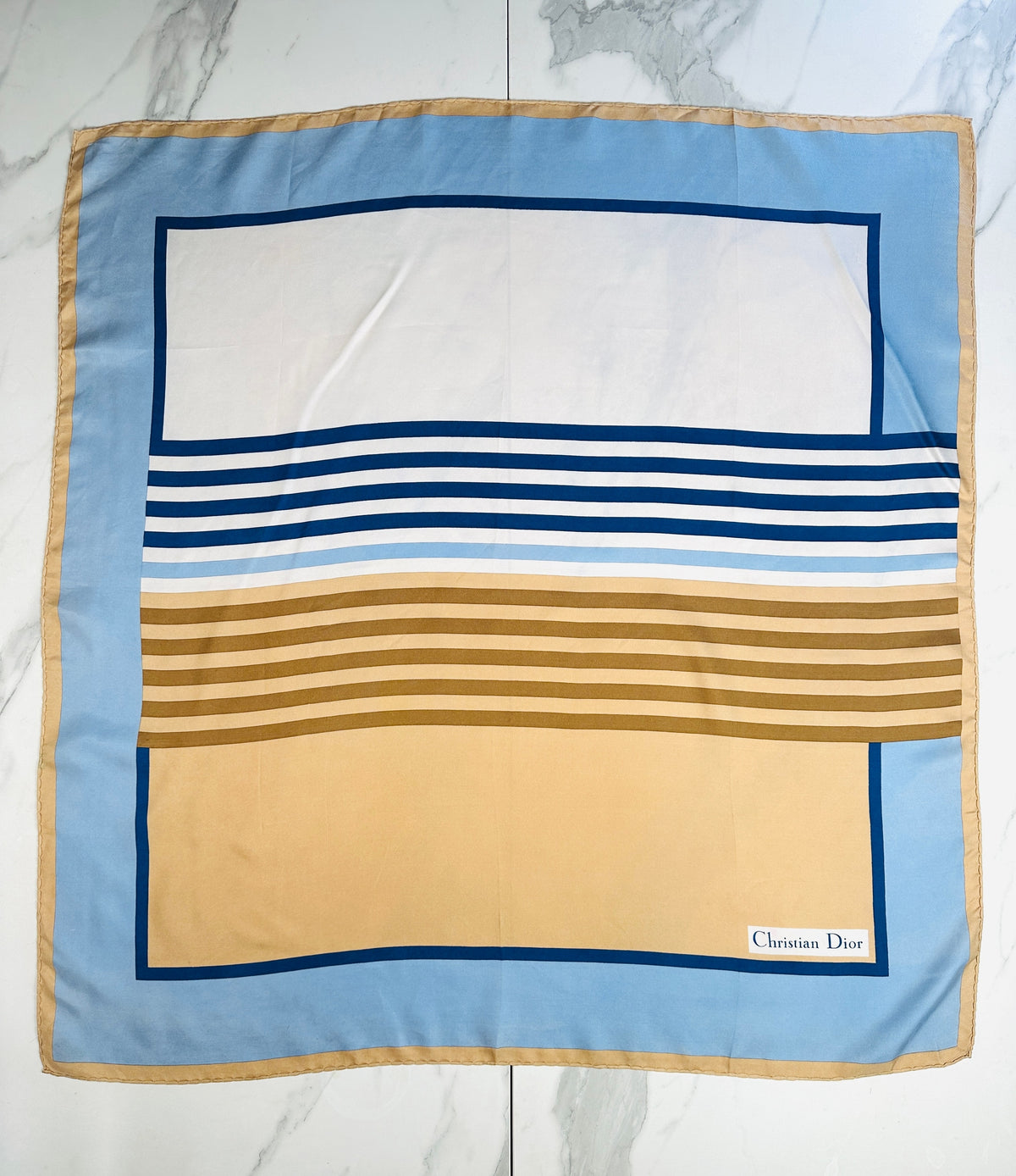 Foulard en soie satinée bleu et bronze à motif rayé Christian Dior vintage authentique